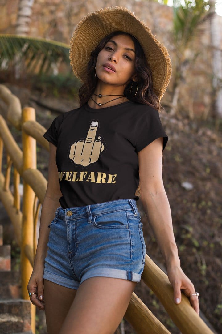 Model wearing "Fuck Welfare With Middle Finger" t-shirt, conveying bold, counter-culture style with high-energy statement.