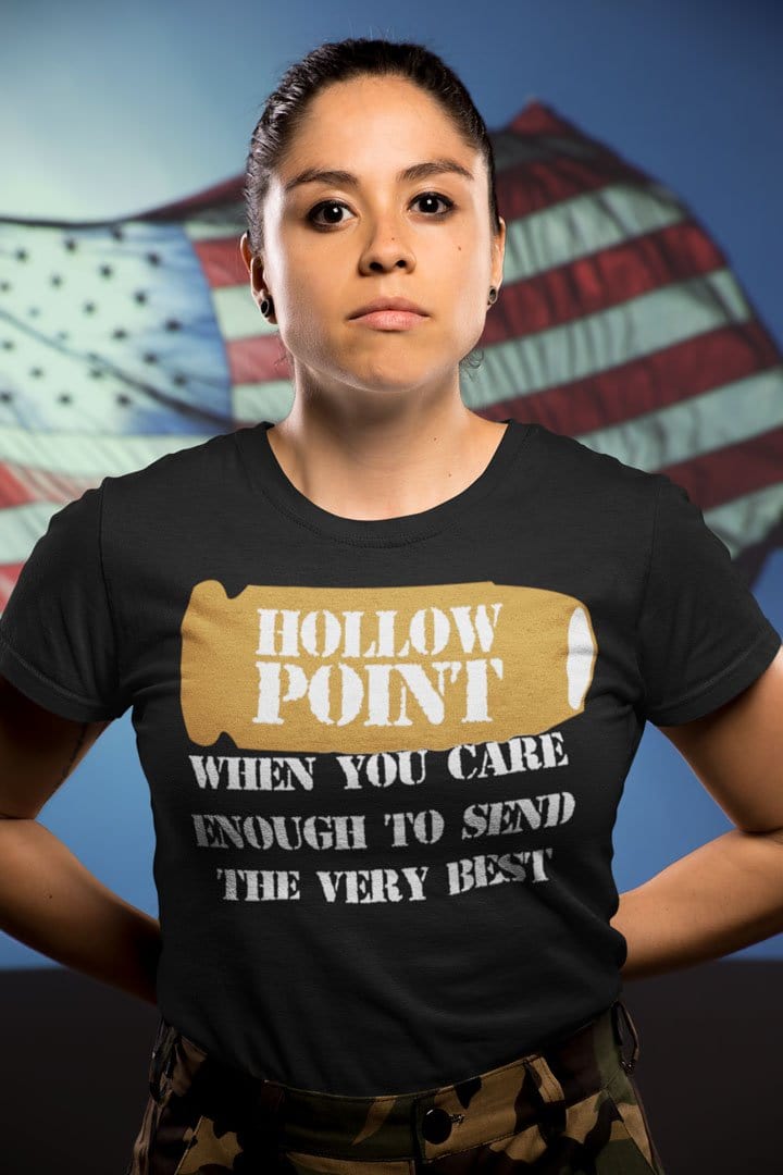 Hollow Point When You Care Enough To Send The Very Best t-shirt with tactical self-defense message against American flag background