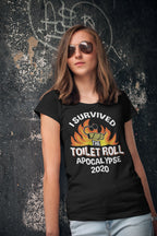 Woman wearing I Survived The Toilet Roll Apocalypse 2020 t-shirt, casual fashion statement.