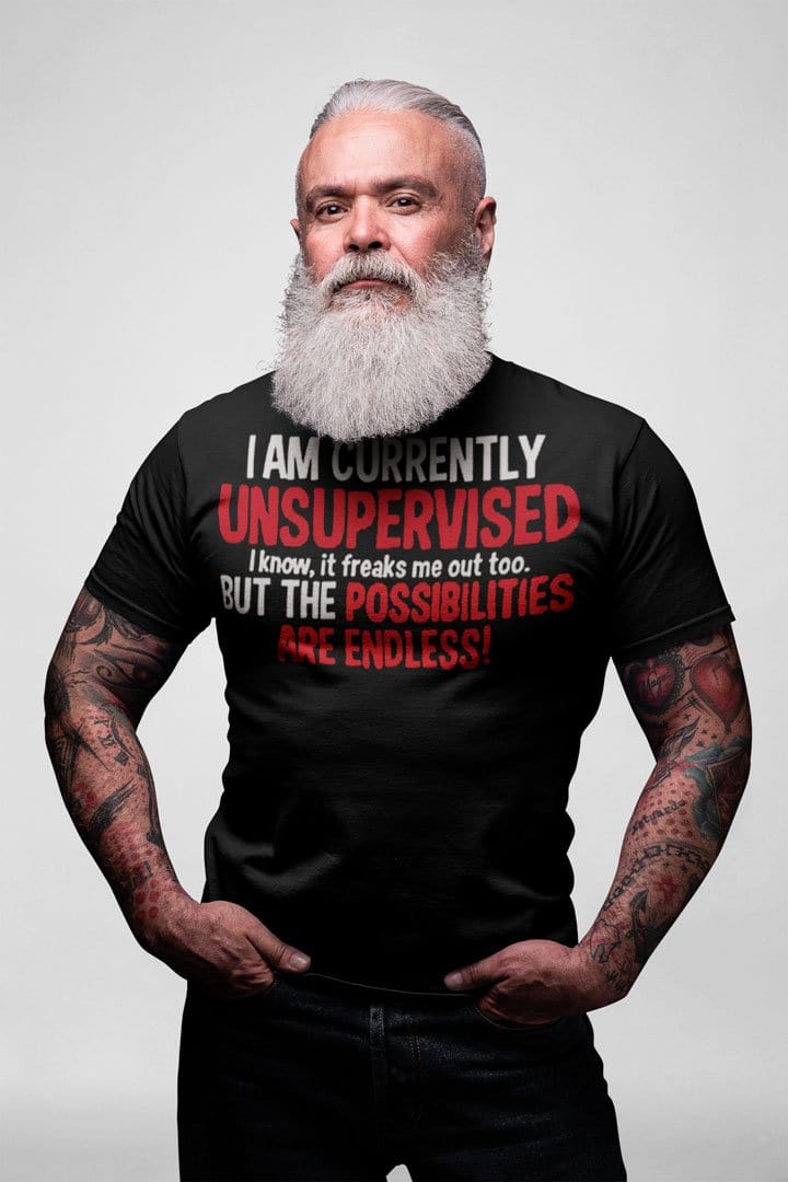 Man wearing Unsupervised and Full of Possibilities Tee displaying bold message of independence and limitless potential.