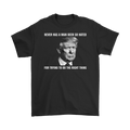 Black Statement Quote Typography Graphic Tee with bold quote and image print, conveying a strong message on a casual wear garment.