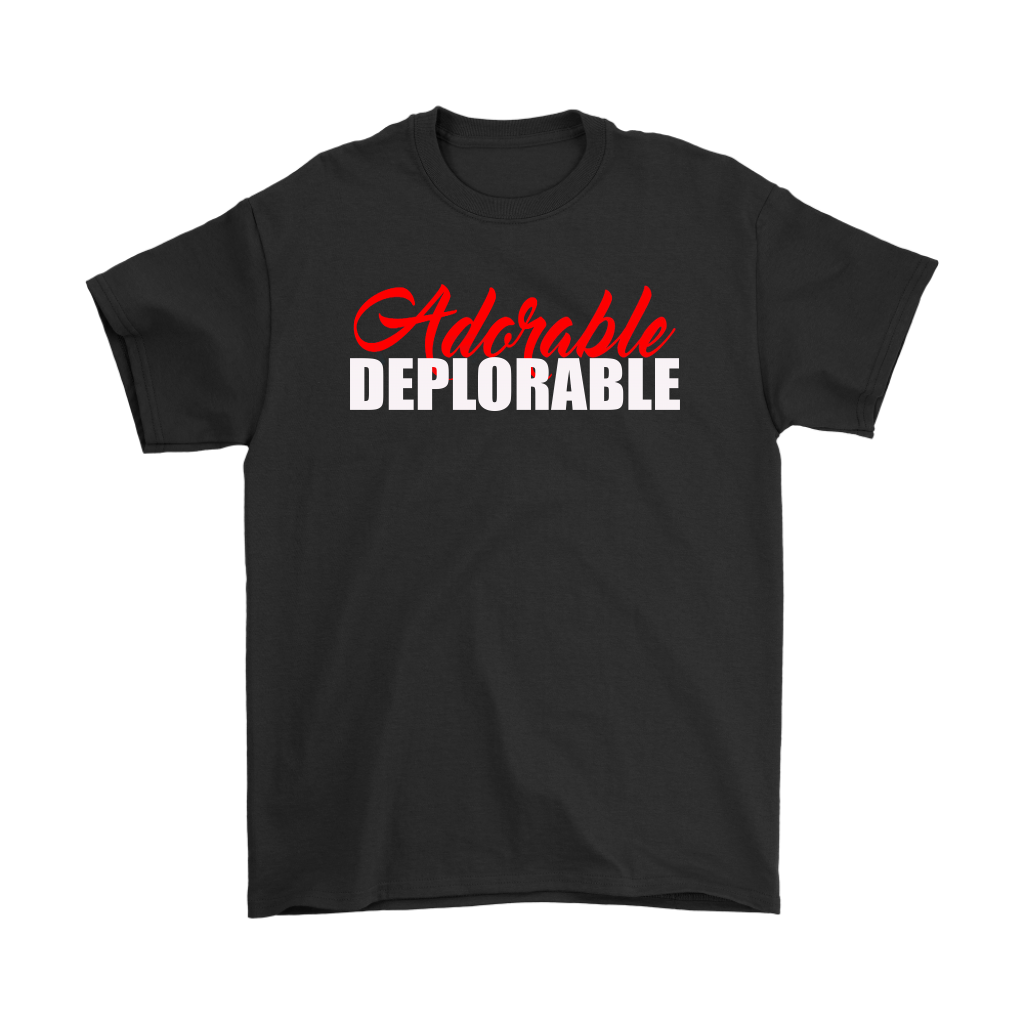 "Adorable Deplorable Funny Graphic Design" black T-shirt with bold red and white lettering.