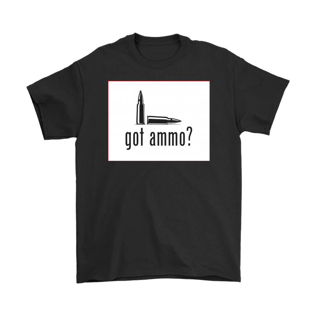 Got Ammo Better Have Two Bullets graphic t-shirt with bullet design on black fabric.
