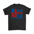 Stand For The Flag Kneel For The Cross graphic t-shirt with patriotic design on a black tee
