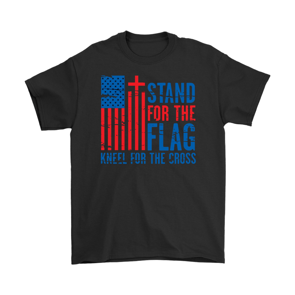 Stand For The Flag Kneel For The Cross graphic t-shirt with patriotic design on a black tee
