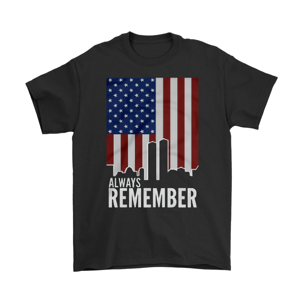 Always Remember Twin Towers On American Flag t-shirt design for patriotic and commemorative apparel.