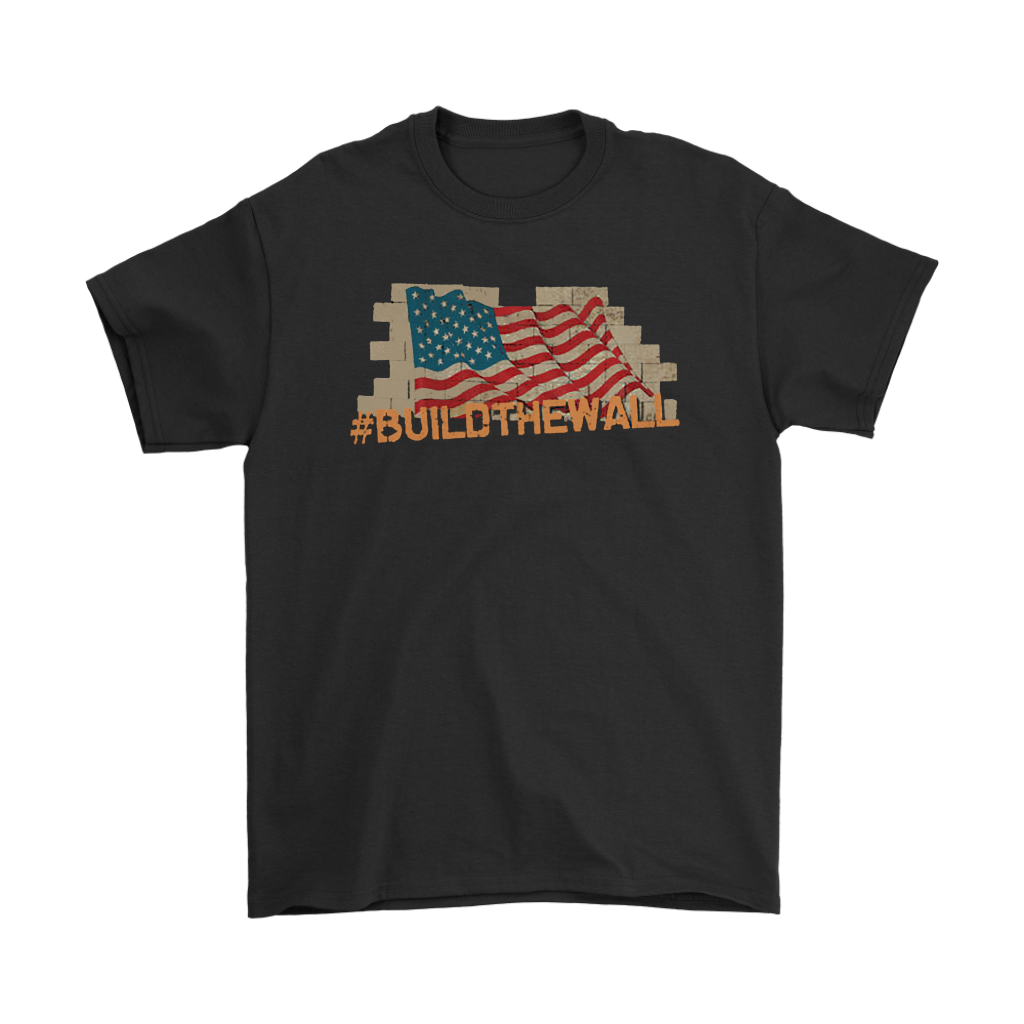 Build The Wall Bold Statement Design T-shirt with American flag graphic