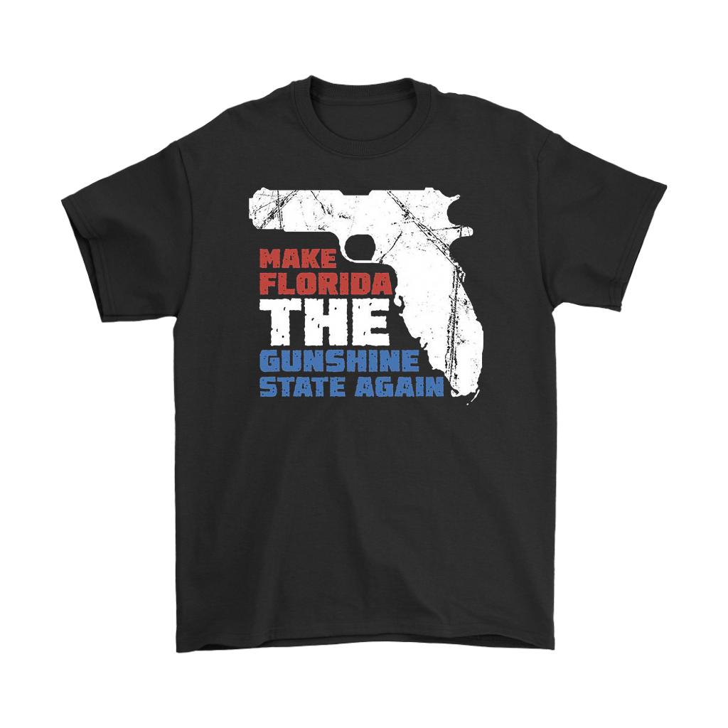 Make Florida The Gunshine State Again graphic tee with gun and state outline design on black shirt.