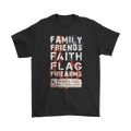 "Family Friends Faith Flag Values Matter Tee" with bold typography on black shirt