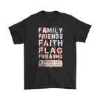 "Family Friends Faith Flag Values Matter Tee" with bold typography on black shirt