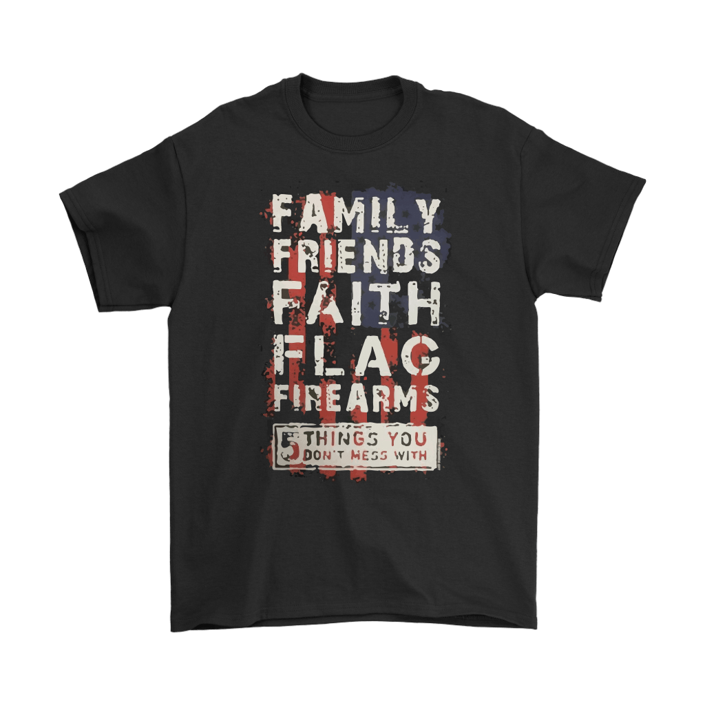 "Family Friends Faith Flag Values Matter Tee" with bold typography on black shirt