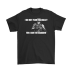 Black graphic tee with text 'I Do Not Fear The Valley For I Am The Shadow', featuring a bold illustration.