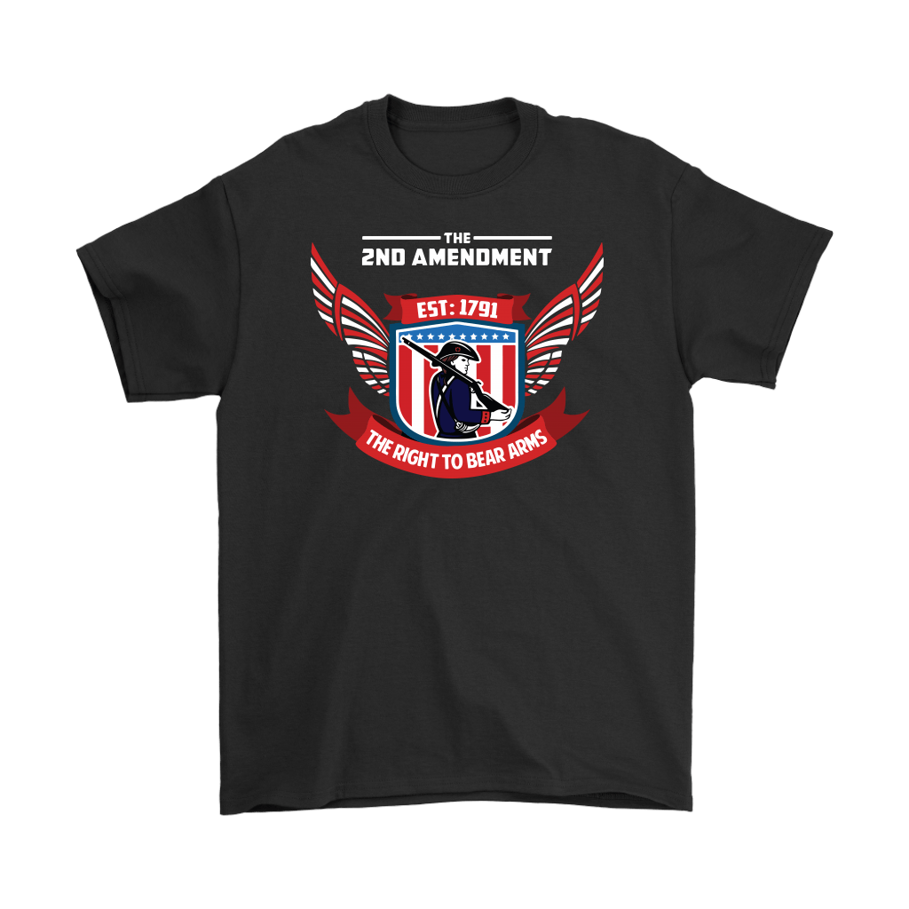 The 2nd Amendment Est. 1791 The Right To Bear Arms graphic tee with red, white, and blue design on black cotton fabric.