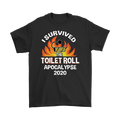 Black t-shirt featuring "I Survived The Toilet Roll Apocalypse 2020" graphic with flaming toilet roll design.