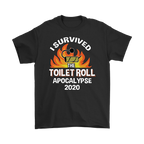 Black t-shirt featuring "I Survived The Toilet Roll Apocalypse 2020" graphic with flaming toilet roll design.