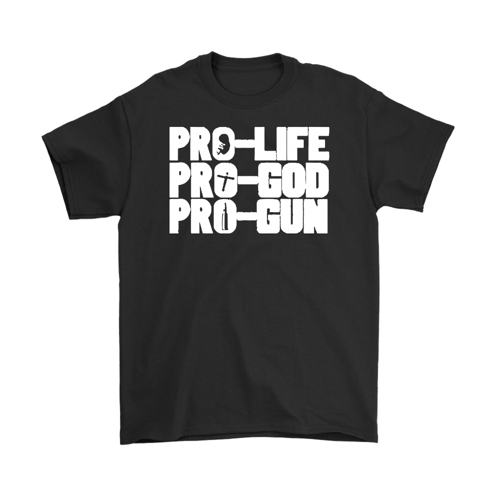 Black Typography Statement Graphic Tee with bold font design "PRO-LIFE PRO-GOD PRO-GUN" in white text.