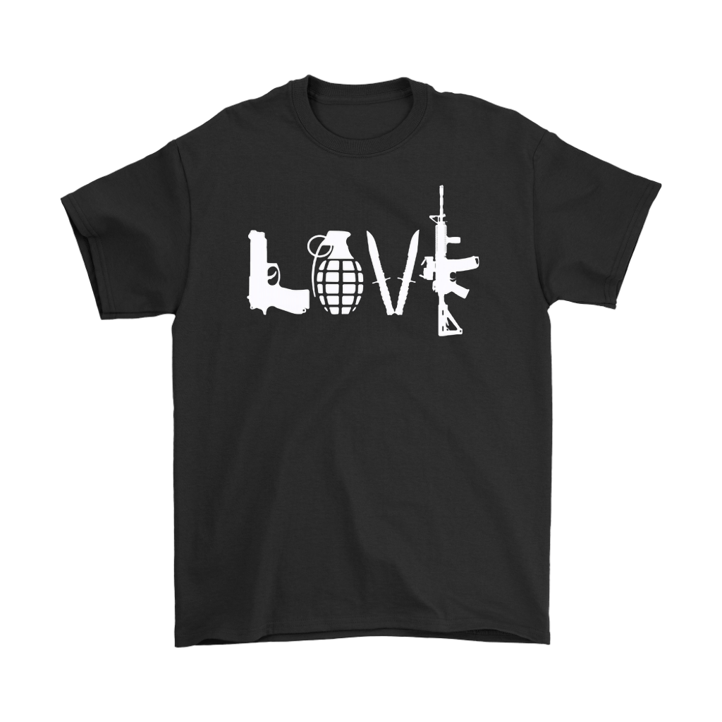 Love As Pistol Grenade Knives And AR-15 t-shirt design with bold graphic elements on a black fabric.