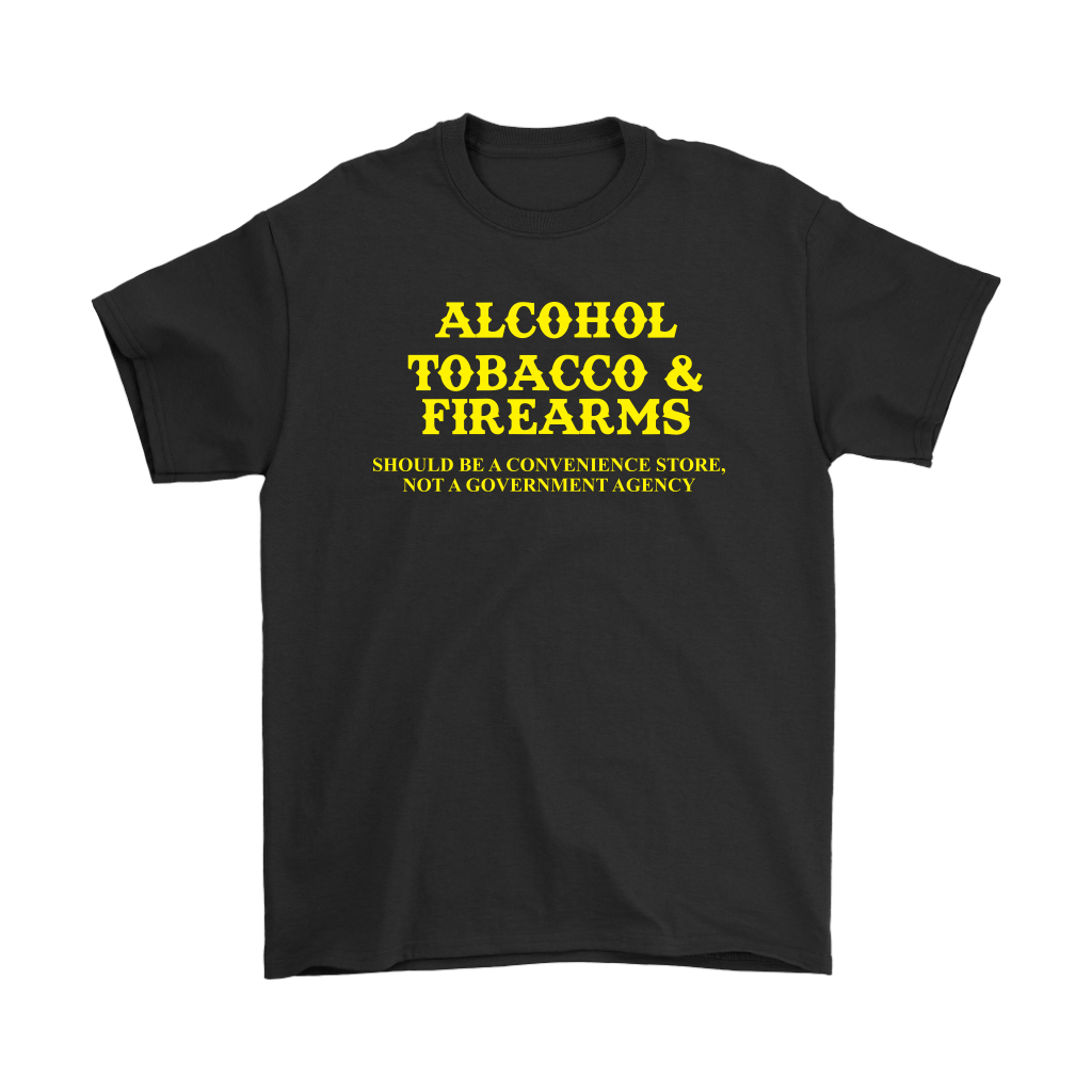 Black t-shirt with yellow text humorously referencing Alcohol Tobacco Firearms Humor Design and convenience store concept.
