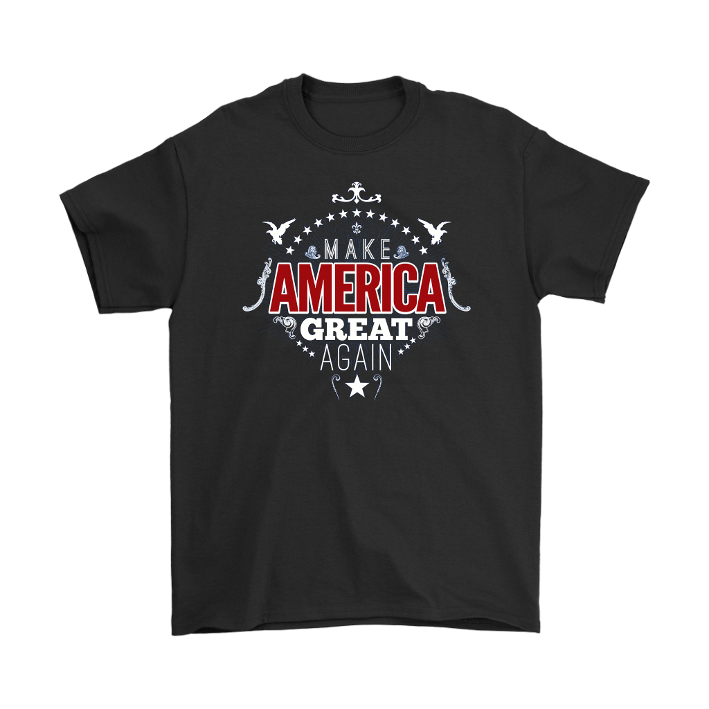 Black t-shirt with "Make America Great Again Bold Statement Design" printed in bold letters.