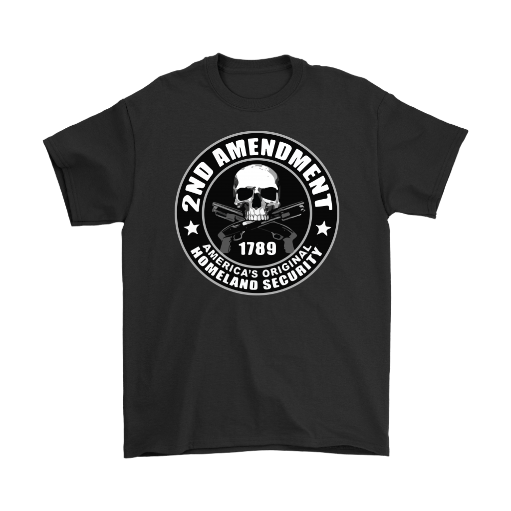 Black t-shirt with 2nd Amendment 1789 America's Original Homeland Security design featuring skull and crossed guns