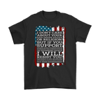 I Don't Care About Your Race Gender Politics Or Religion graphic tee with bold statement and American flag design.