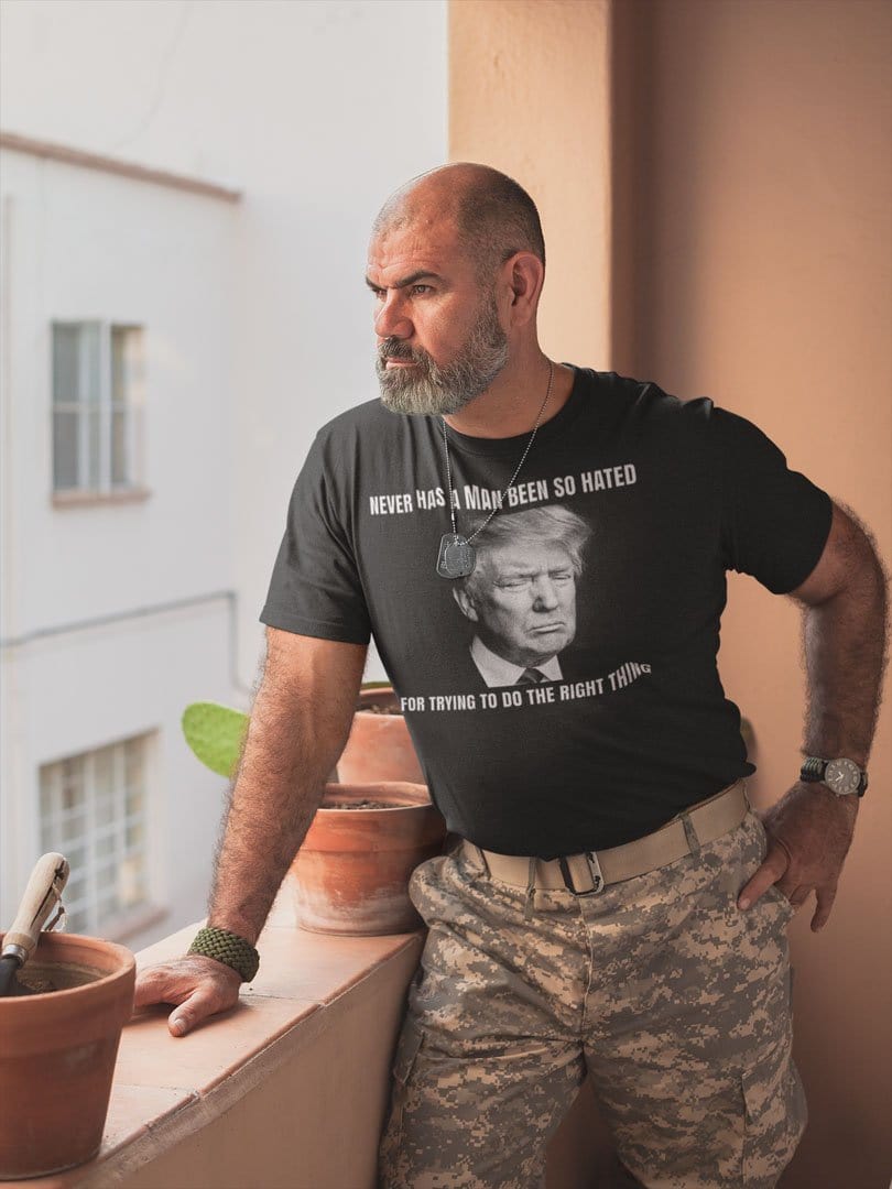 Man wearing Statement Quote Typography Graphic Tee on a balcony