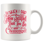 Ceramic mug with "When I Said How Stupid Could You Be It Wasn't A Challenge" printed in bold red text, showcasing humor and wit.