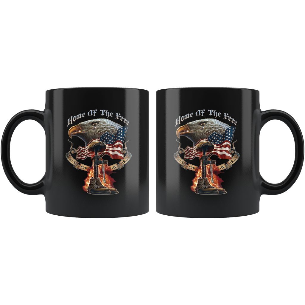 Home Of The Free Because Of The Brave Cup with eagle and American flag design, showcasing patriotic pride and respect for the military.