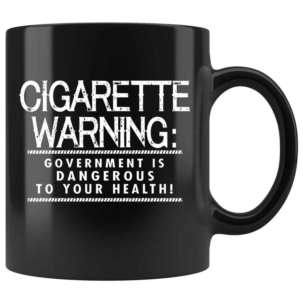 Health Warning Government Statement Graphic on black ceramic coffee mug with cigarette warning text in bold white letters.