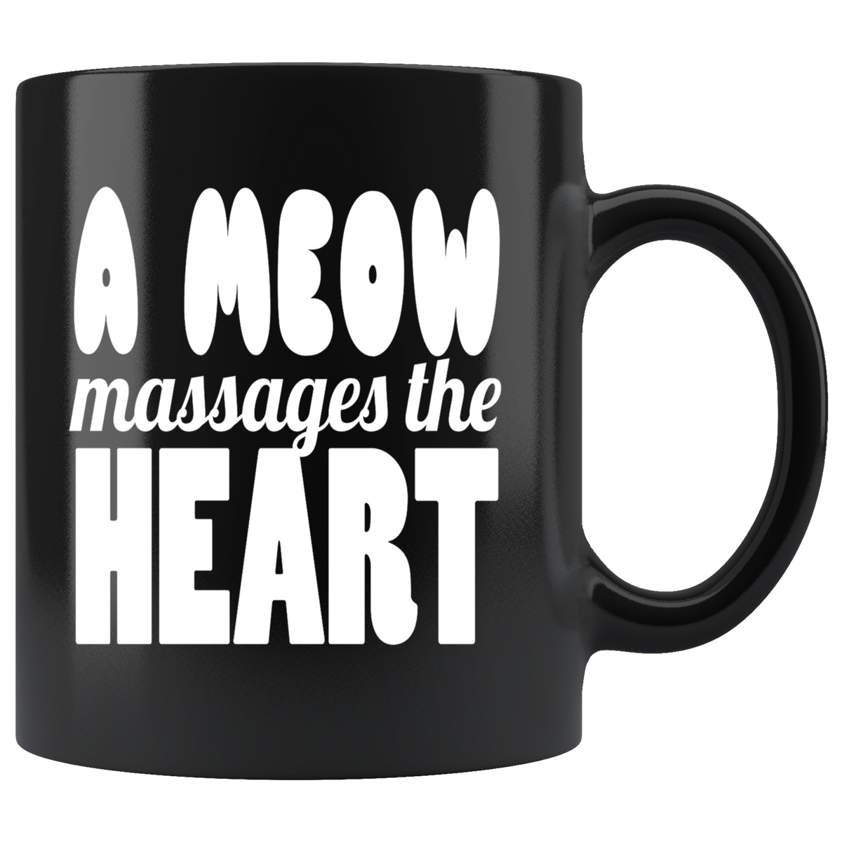 A Meow Massages the Heart Graphic Print on black ceramic mug with premium ORCA coating, perfect for hot and cold beverages.