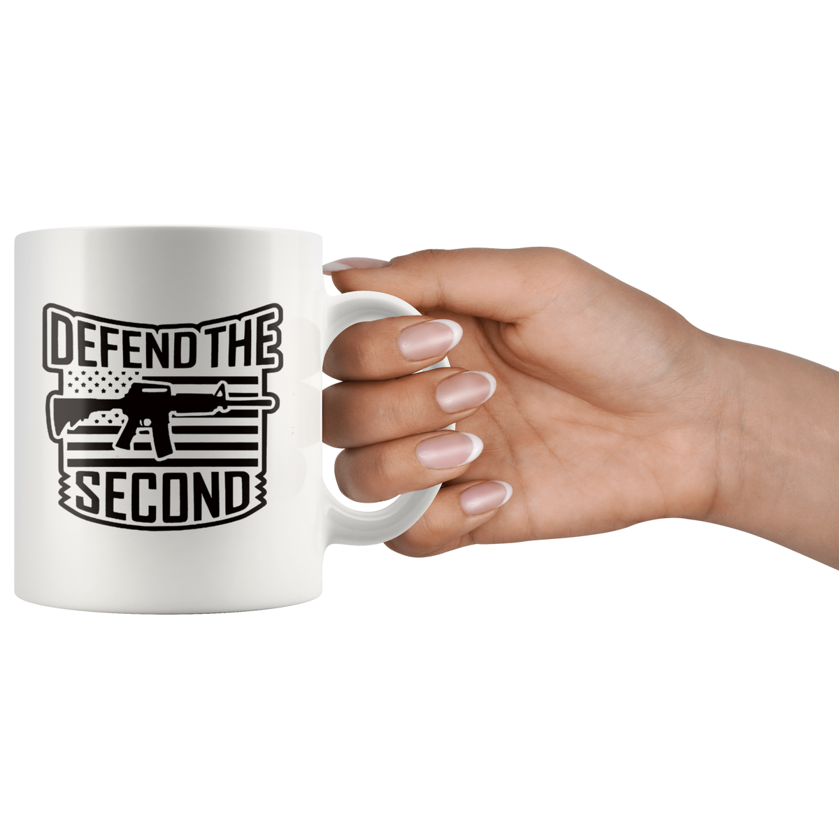 Defend the Second AR-15 Patriotic Graphic Design on ceramic mug held by hand