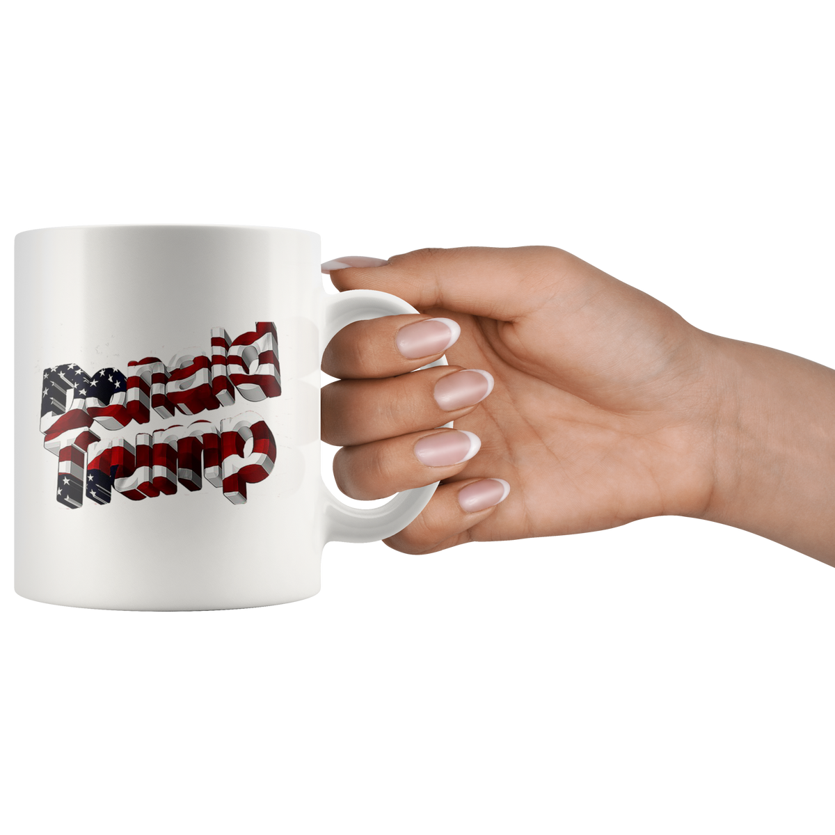 Hand holding an 11oz ceramic mug with American Flag Featuring Donald Trump Design, premium white finish, dishwasher safe.