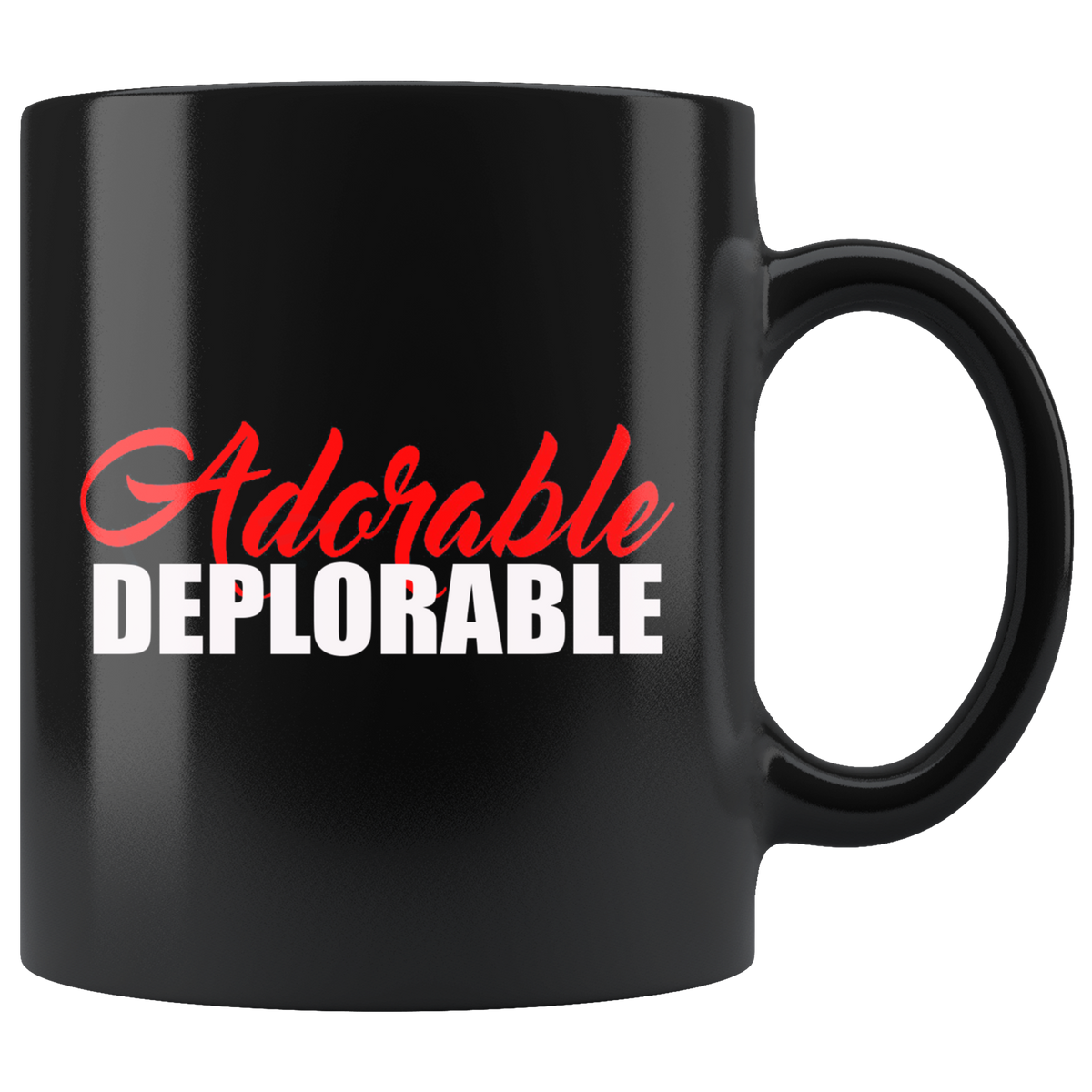 Adorable Deplorable Coffee Cup with high gloss finish, perfect for drinks, ceramic black mug with vibrant design.