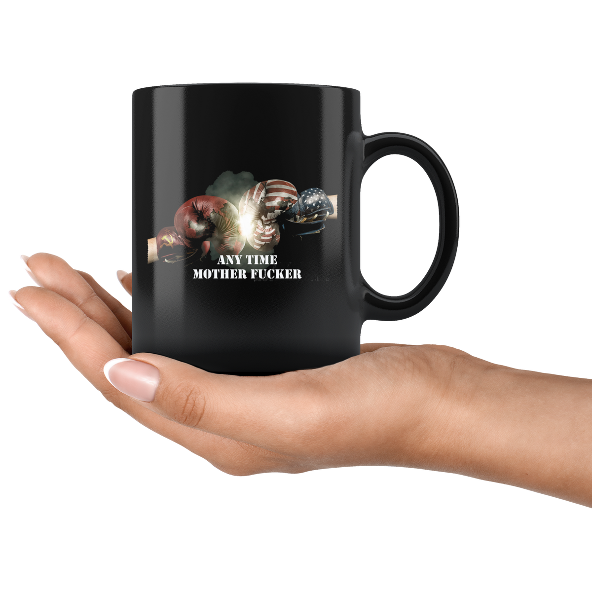 Any Time Mother Fucker American Soviet Gloves black ceramic mug with boxing design, held in a hand. Dishwasher and microwave safe.