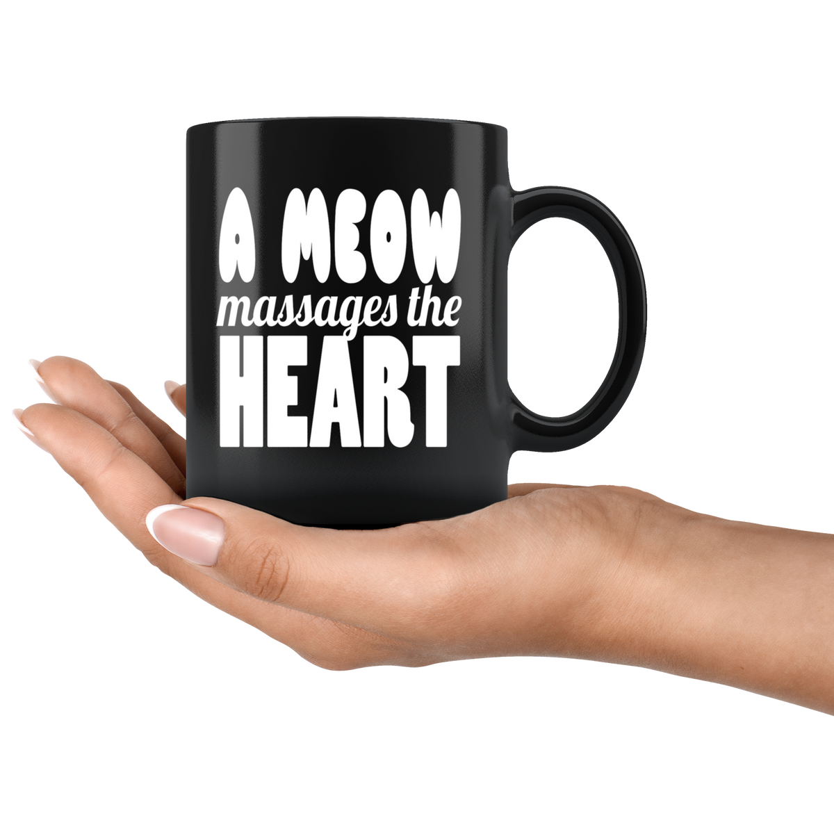 A Meow Massages the Heart Graphic Print on black ceramic mug in hand