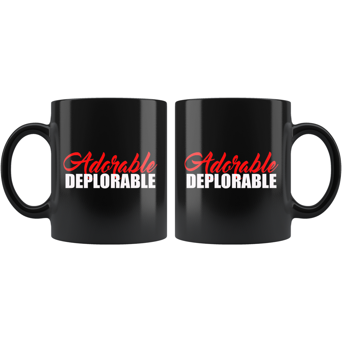 Adorable Deplorable Coffee Cup, black ceramic mug, premium ORCA coating, perfect for hot and cold beverages, dishwasher safe.