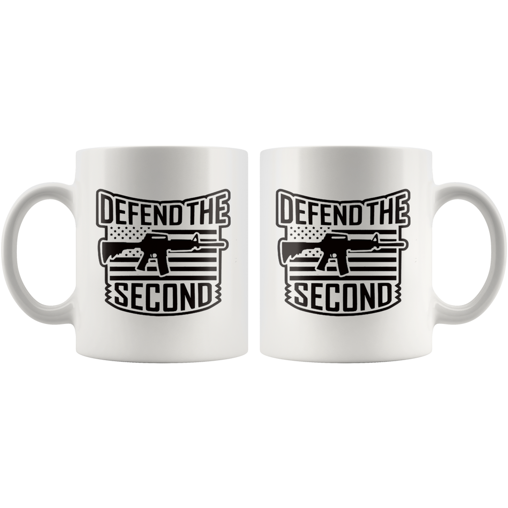 White ceramic mug with Defend the Second AR-15 Patriotic Graphic Design, featuring premium finish and ORCA coating, dishwasher safe.
