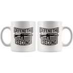 White ceramic mug with Defend the Second AR-15 Patriotic Graphic Design, featuring premium finish and ORCA coating, dishwasher safe.