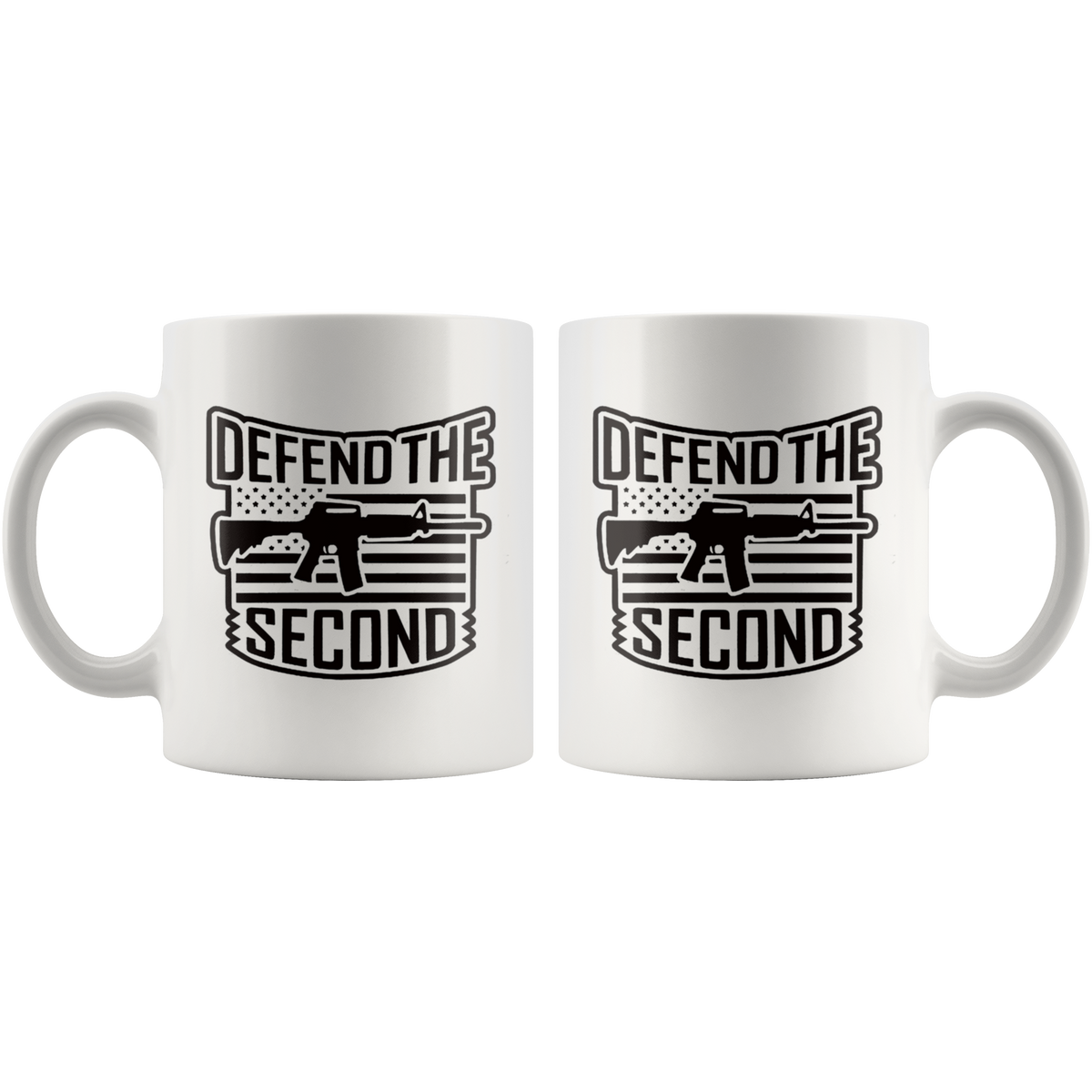 White ceramic mug with Defend the Second AR-15 Patriotic Graphic Design, featuring premium finish and ORCA coating, dishwasher safe.