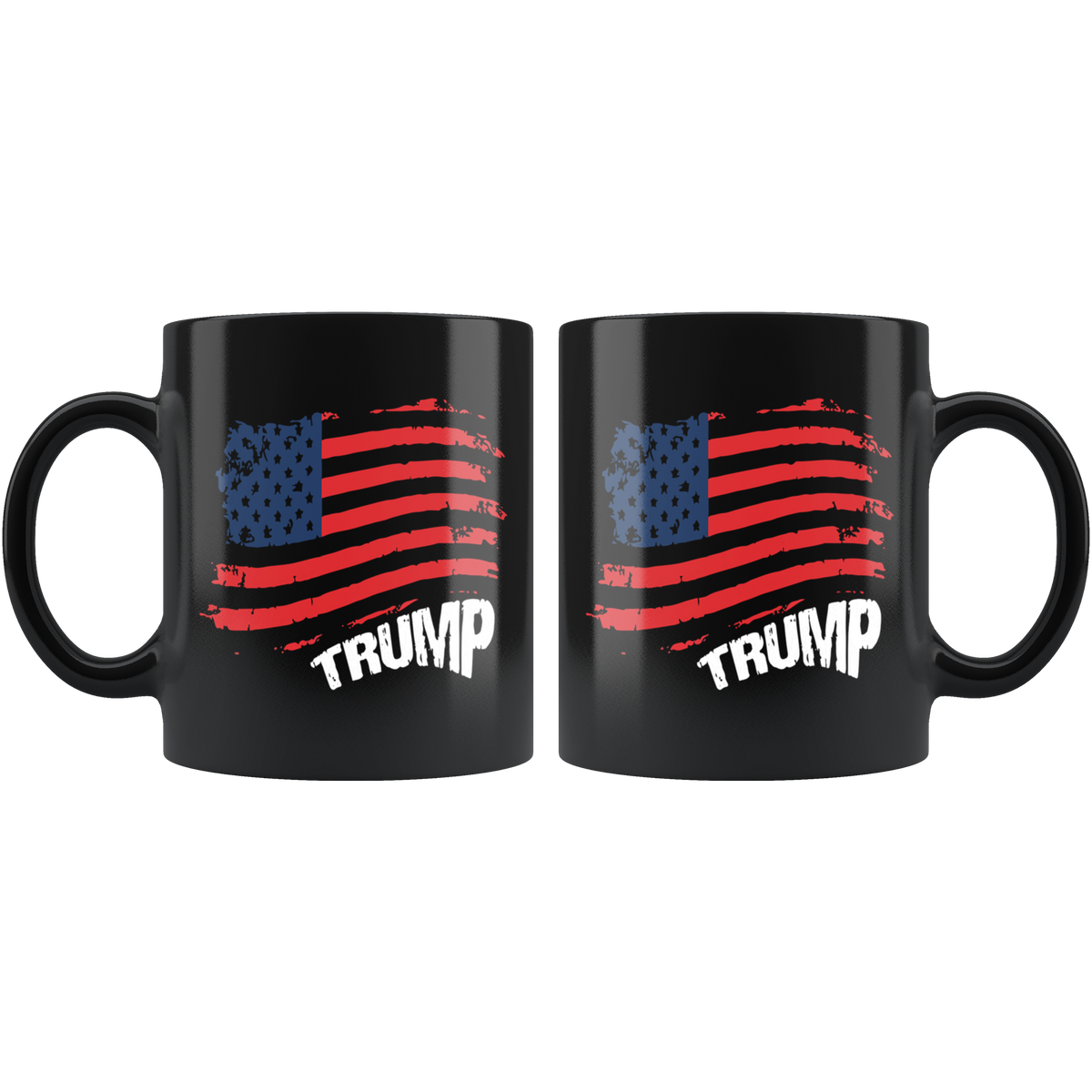 American Flag Patriotic Design Featuring Trump on black ceramic mug