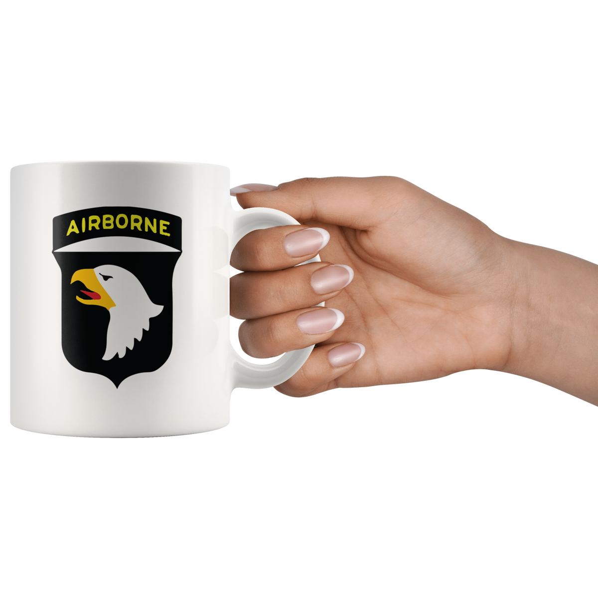 Hand holding mug with Airborne Eagle Symbol Patriotic Graphic