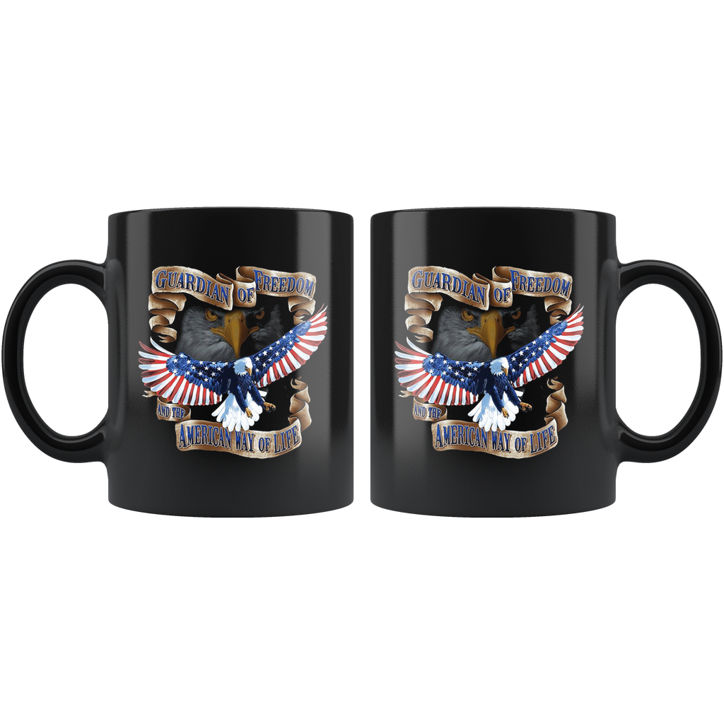 Guardian Of Freedom And The American Way Of Life Cup with eagle design, 11oz black ceramic mug