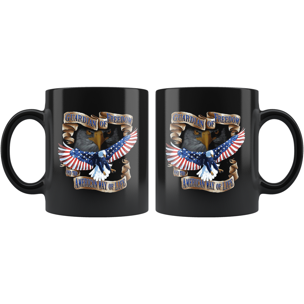 Guardian Of Freedom And The American Way Of Life Cup with eagle design, 11oz black ceramic mug