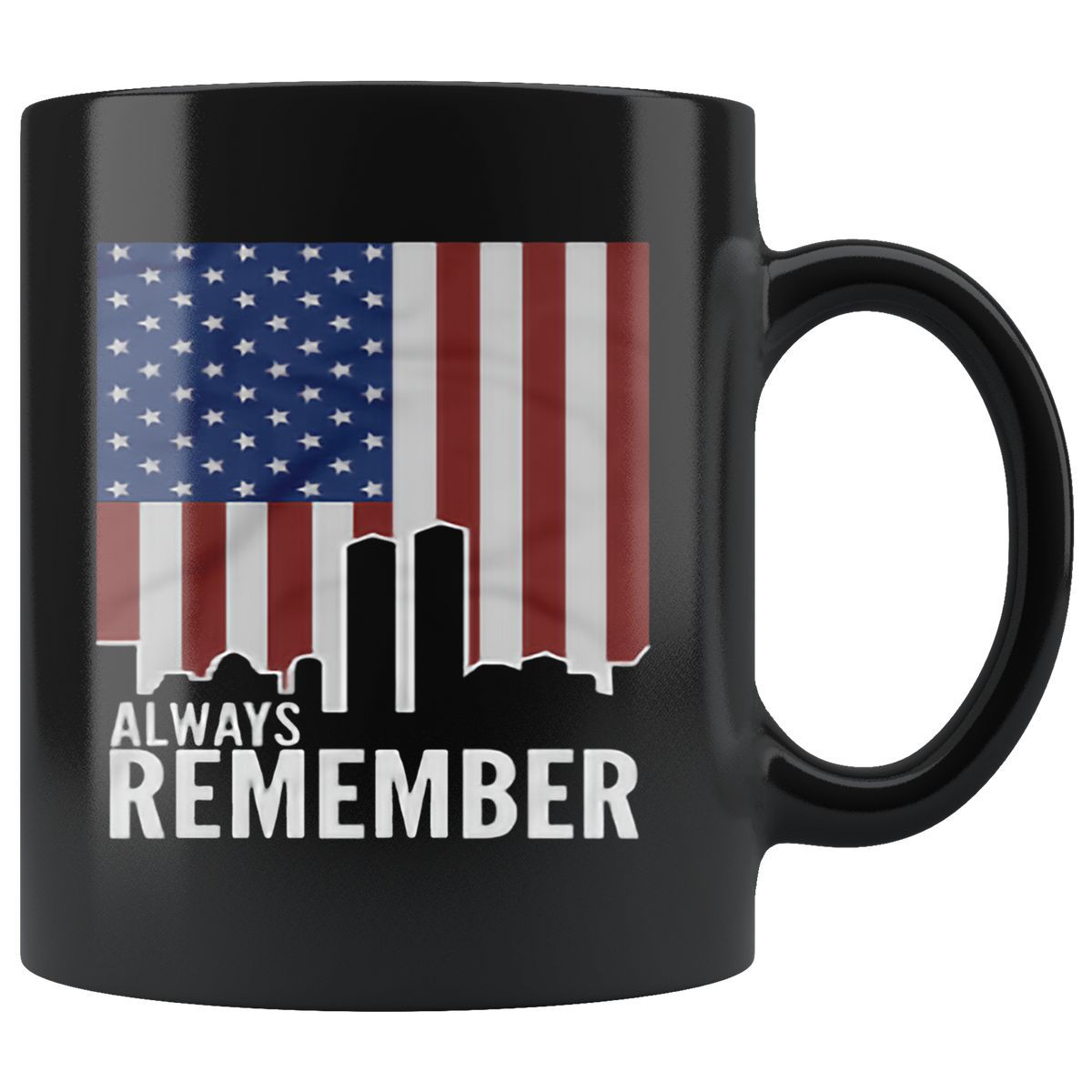 Always Remember Twin Towers On American Flag black ceramic mug with USA flag design