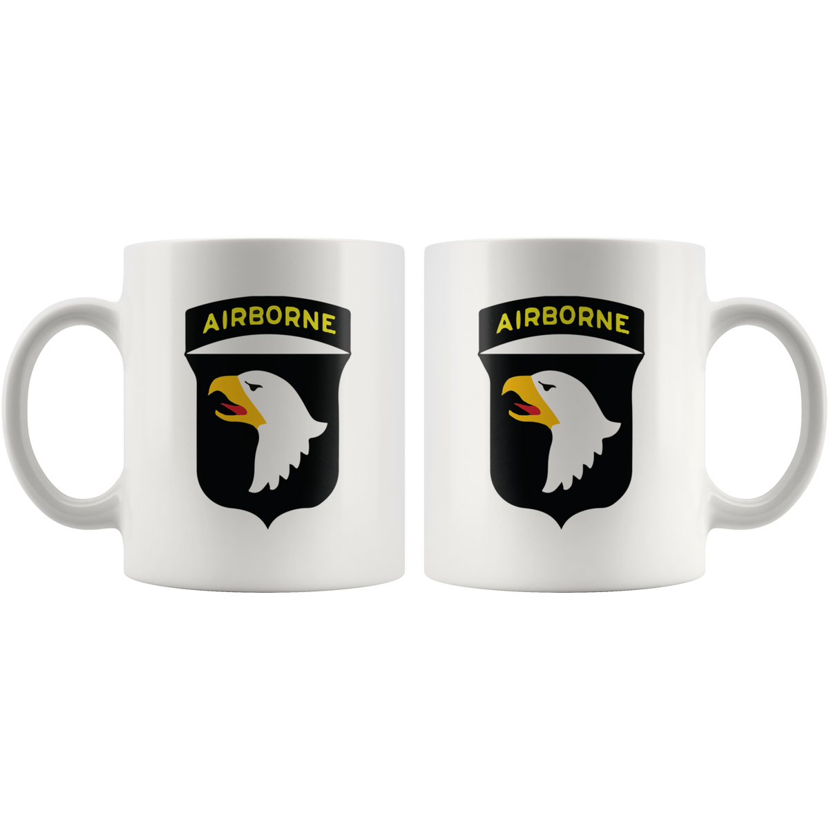 Airborne Eagle Symbol Patriotic Graphic on white mugs showcasing military pride design.