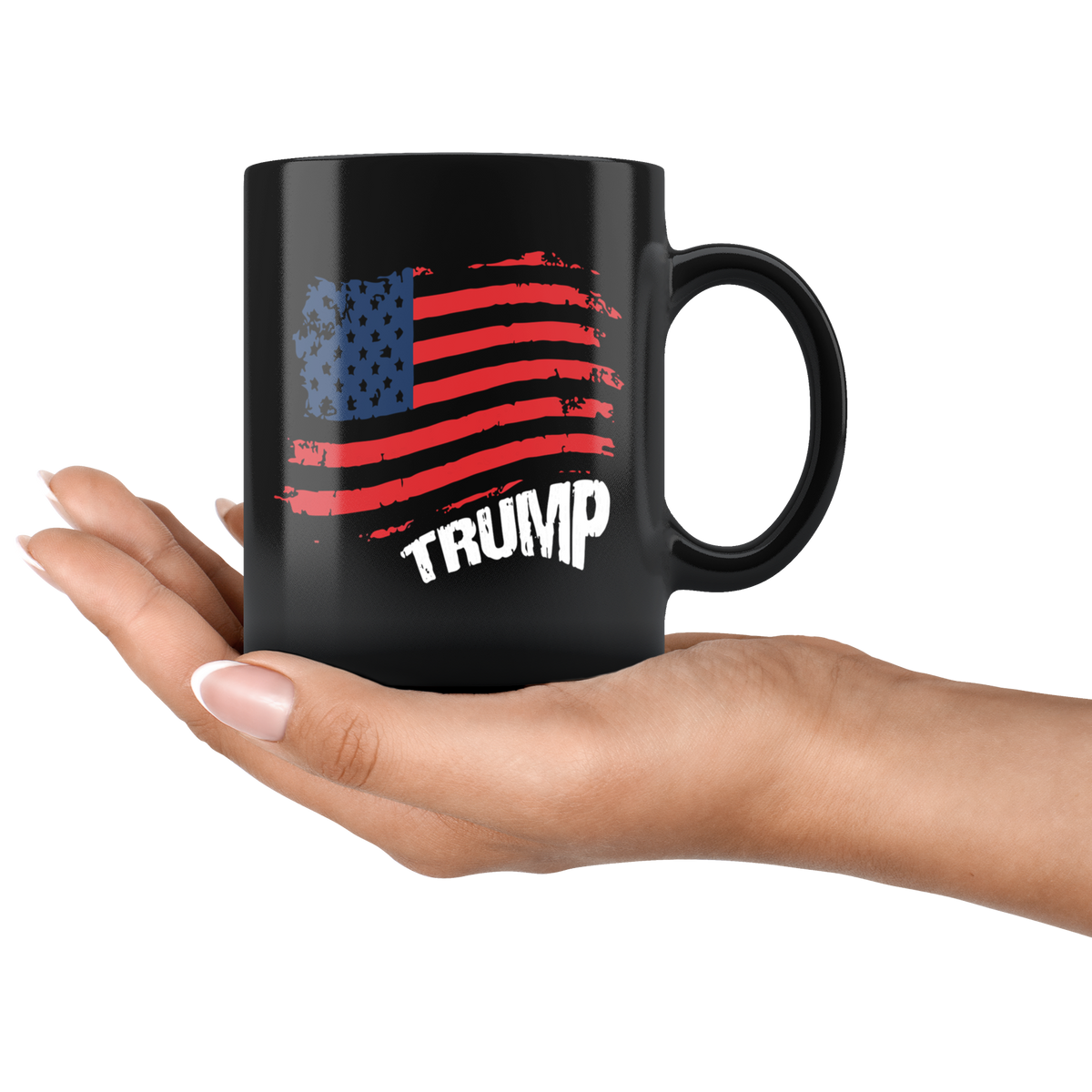 American Flag Patriotic Design Featuring Trump 11oz black ceramic mug with vibrant colors, perfect for hot or cold beverages.