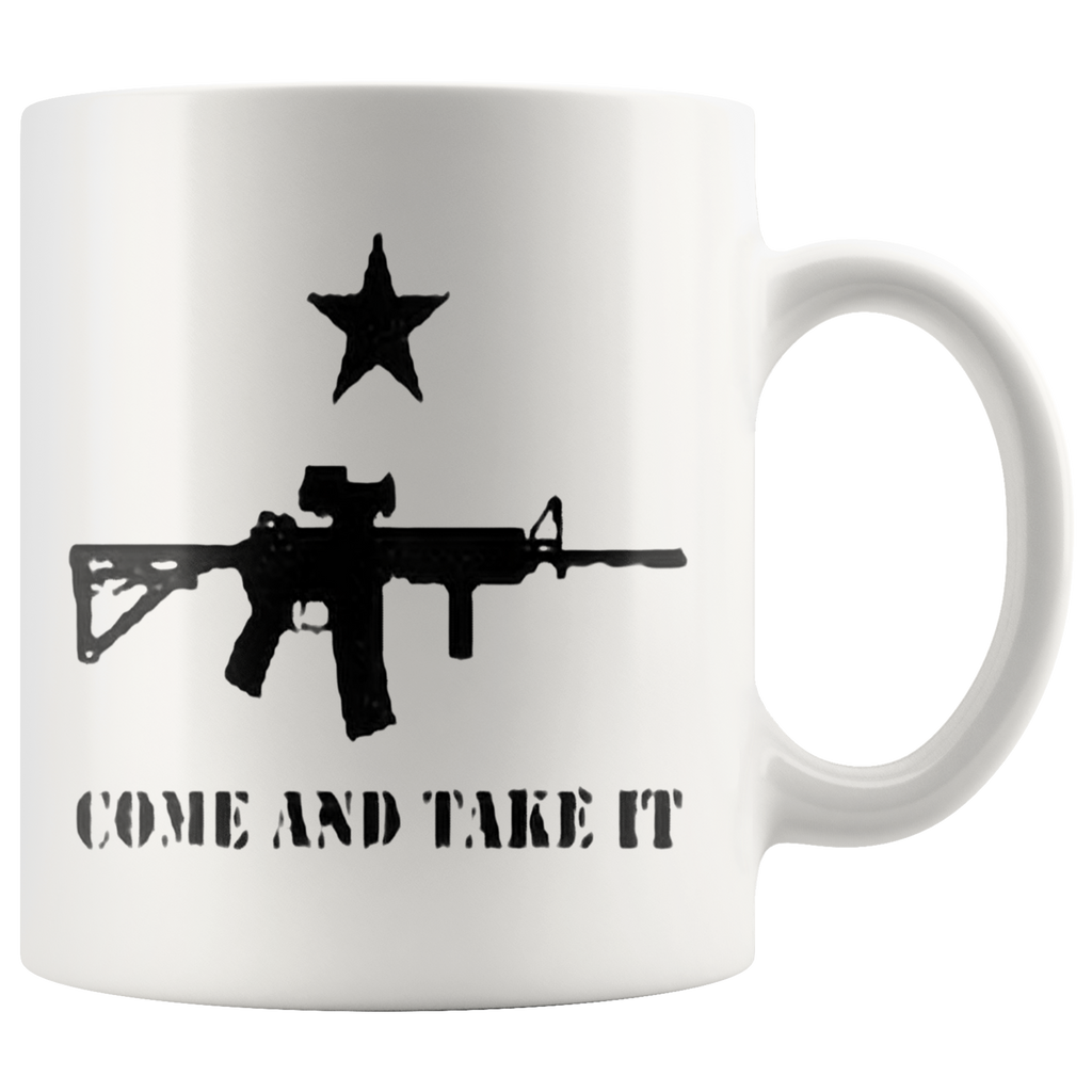 Come And Take It Star Over AR-15 Cup featuring AR-15 image and star, promoting Second Amendment rights and historical defiance.