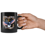 Guardian Of Freedom And The American Way Of Life Cup held in hand, black ceramic mug with eagle design