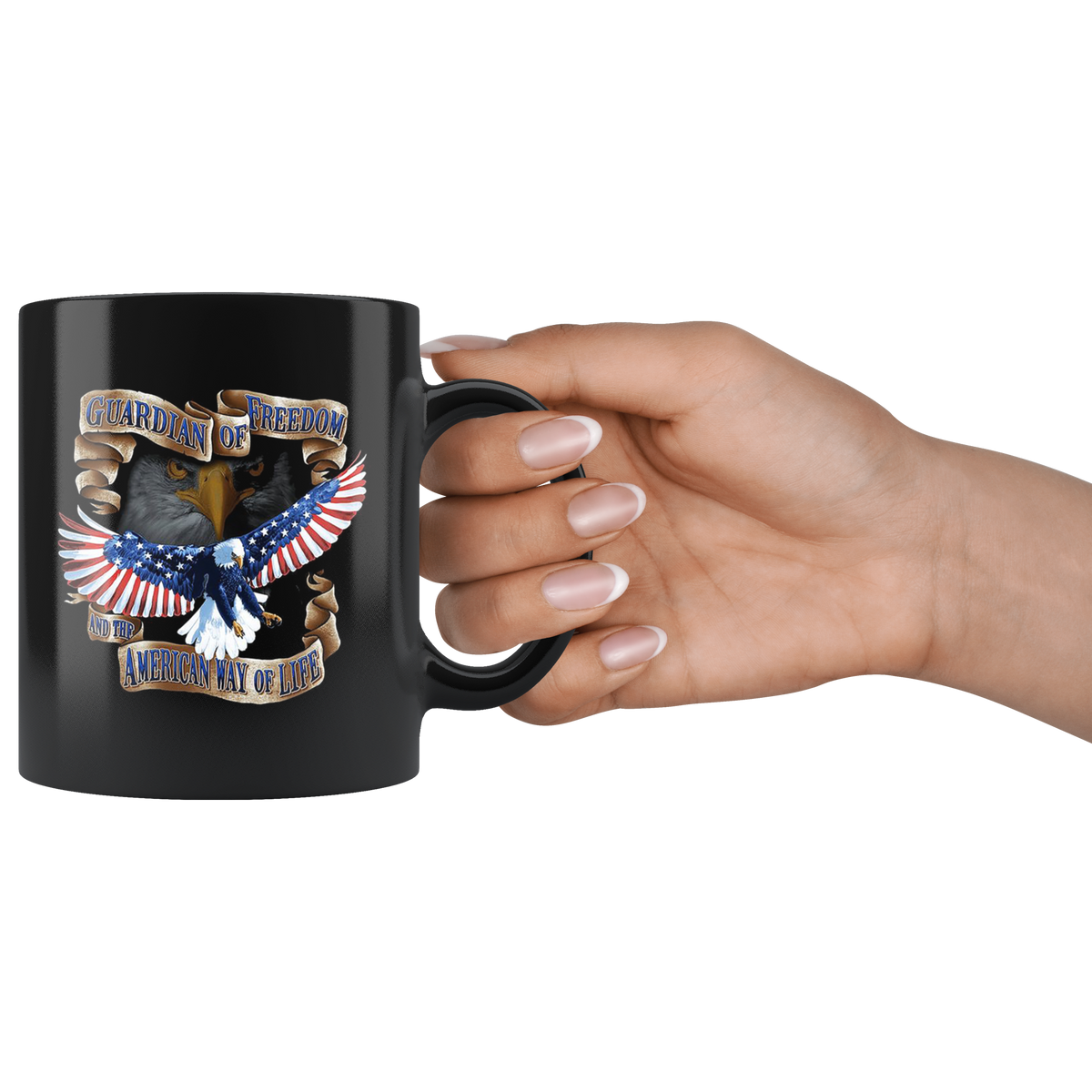 Guardian Of Freedom And The American Way Of Life Cup held in hand, black ceramic mug with eagle design