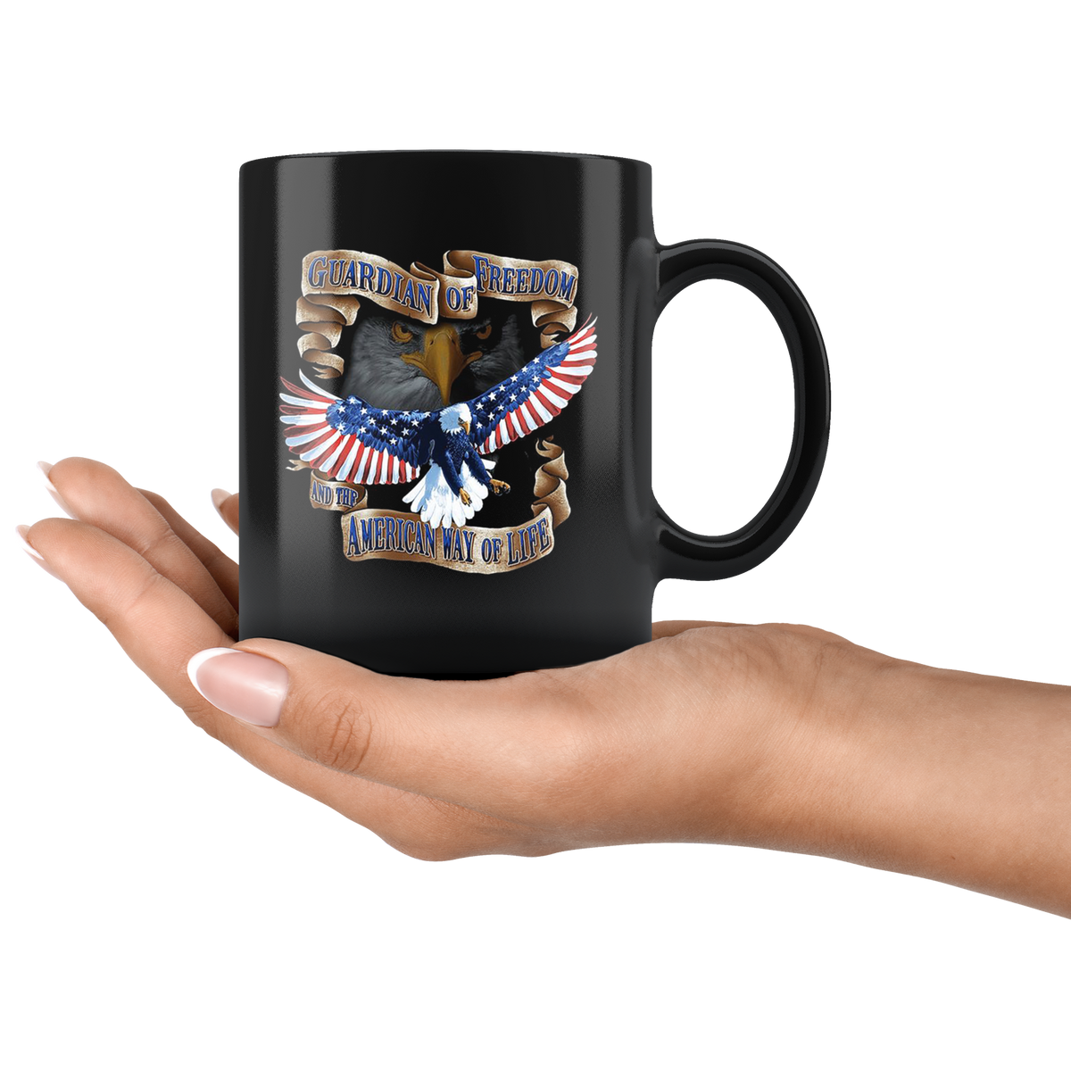 Hand holding a Guardian Of Freedom And The American Way Of Life Cup with American eagle design.